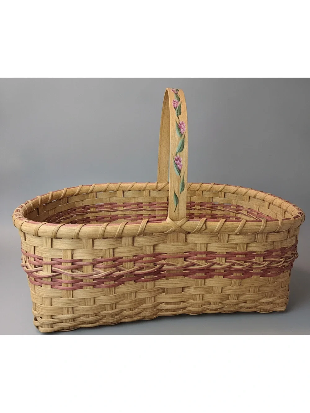 Vintage Handmade Hand-Painted Woven Splint Basket w/ Mauve Accent Weave 11